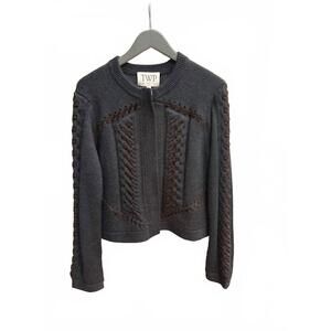 NEW TWP women's suede cable sweater jacket in charcoal